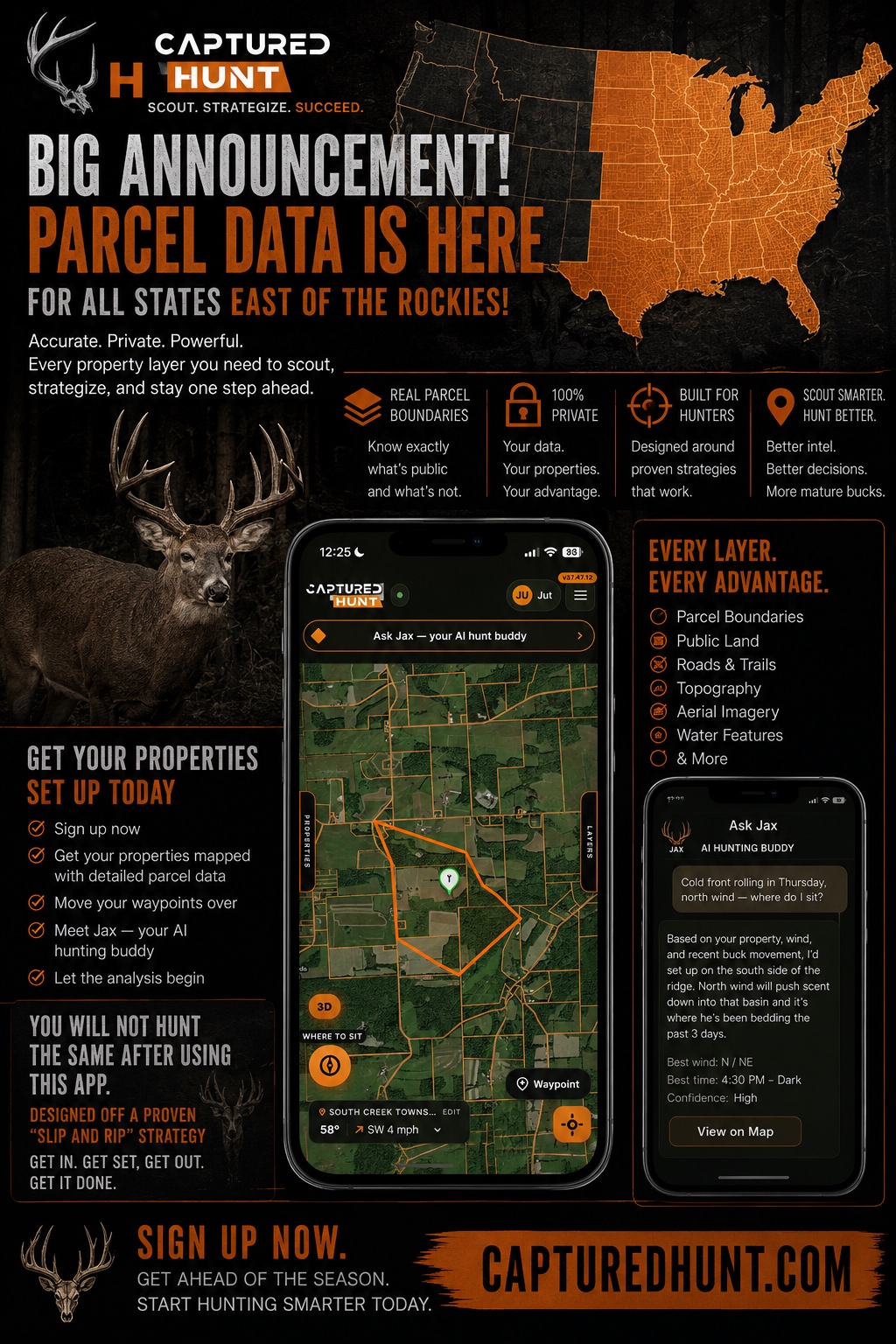 Captured Hunt parcel data map showing real property boundaries in Virginia with waypoints and wind data